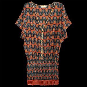 ViX Paula Hermanny Sofia Tajik Coverup Small Fringe Boho Caftan Block Print Swim